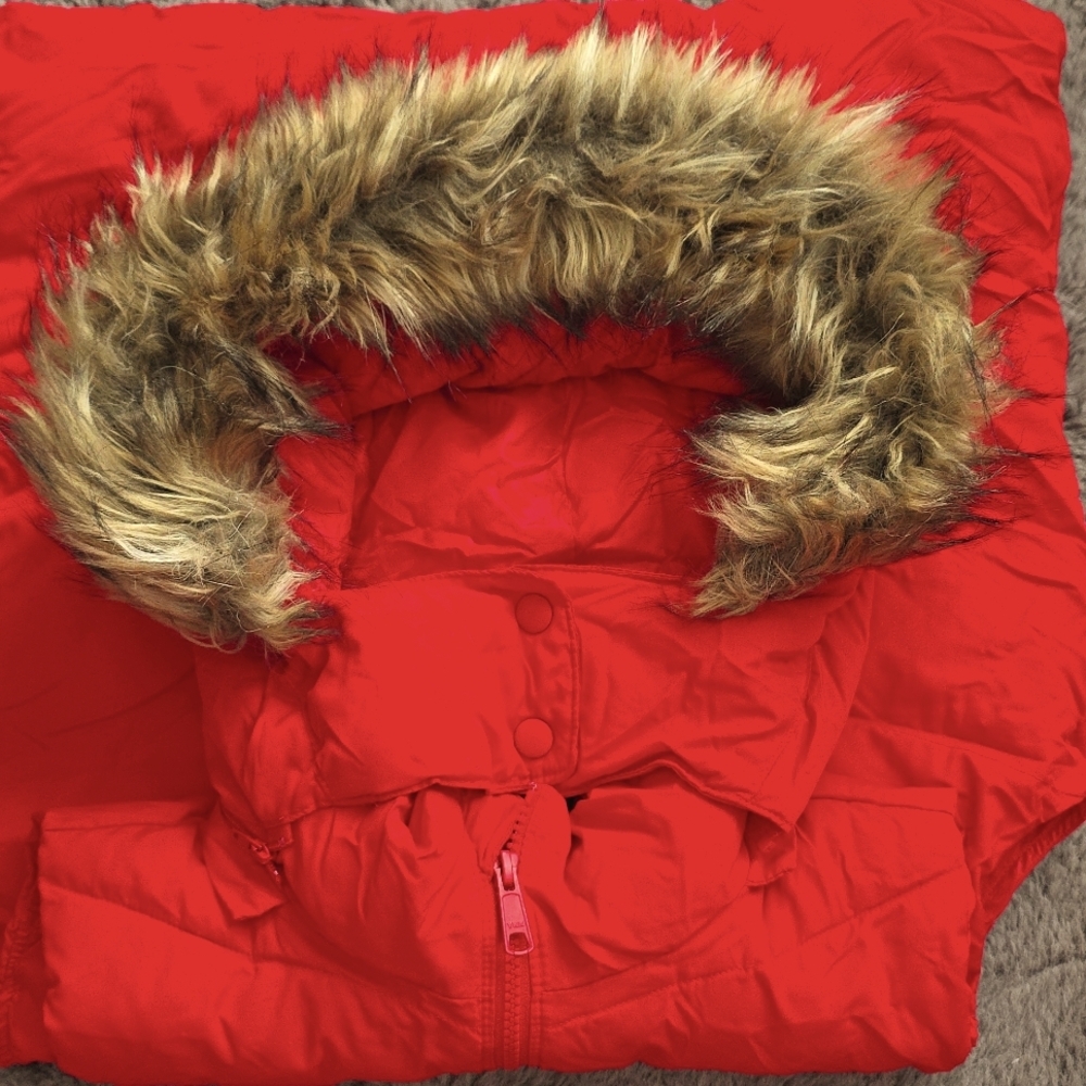 GAP Red Puffer Vest with Faux Fur Hood